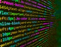 Developer working on software codes in office. Closeup of Web Code on Computer LED Screen. Screen of web developing javascript