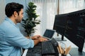 Developer working software development coding on laptop screen. Surmise. Royalty Free Stock Photo