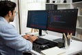 Developer working software development coding two computer code screen. Surmise. Royalty Free Stock Photo