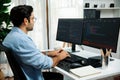 Developer working software development coding two computer code screen. Surmise. Royalty Free Stock Photo