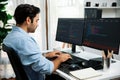 Developer working software development coding two computer code screen. Surmise. Royalty Free Stock Photo
