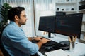 Developer working software development coding two computer code screen. Surmise. Royalty Free Stock Photo