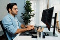 Developer working software development coding two computer code screen. Surmise. Royalty Free Stock Photo