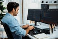 Developer working software development coding two computer code screen. Surmise. Royalty Free Stock Photo