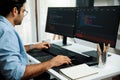 Developer working software development coding two computer code screen. Surmise. Royalty Free Stock Photo