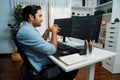 Developer working software development coding two computer code screen. Surmise. Royalty Free Stock Photo