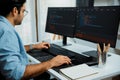 Developer working software development coding two computer code screen. Surmise. Royalty Free Stock Photo