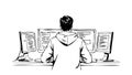 Developer works computers. Back view programmer coding. IT business software development. Black lines drawing white