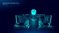 Developer works computers. Back view programmer coding. IT business software development. Black lines drawing white
