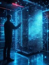 Quantum computing developer engages with holographic algorithms in a high-tech environment illuminated by a glowing