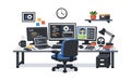 Developer workspace setup featuring multiple monitors displaying code and graphs. Remote programmer home office desk for Royalty Free Stock Photo