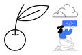 Developer Writing Code Next to Minimalist Cherry Icon and Cloud Illustration Royalty Free Stock Photo