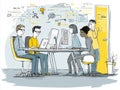 Developers collaborating on coding projects in modern workspace, showcasing teamwork and creativity. atmosphere is dynamic and
