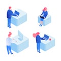 Developers programming, coding isometric illustrations set