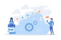 Developers using laptop and smartphone working with cloud data. Multimedia and big data architecture, database, Royalty Free Stock Photo