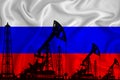 Developing Flag of Russia. Silhouette of drilling rigs and oil rigs on a flag background. Oil and gas industry. The concept of oil