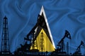 Developing Flag of Saint Lucia. Silhouette of drilling rigs and oil rigs on a flag background. Oil and gas industry. The concept