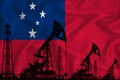 Developing Flag of Samoa. Silhouette of drilling rigs and oil rigs on a flag background. Oil and gas industry. The concept of oil