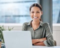 Developing her skillset on the daily. Portrait of a young businesswoman working on a laptop in an office.