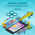 Developing mobile applications flat 3d isometric style. Frontend developer app. People working on startup. Light blue web design.