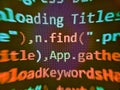 Developing programm. Javascript abstract computer script, random parts of program code. Programmer workplace. Screenshot with