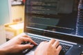 Developing programming and coding technologies on desk white blu Royalty Free Stock Photo
