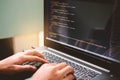 Developing programming and coding technologies on desk white blu Royalty Free Stock Photo