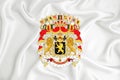 A developing white flag with the coat of arms of Belgium. Country symbol. Illustration. Original and simple coat of arms in