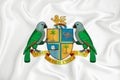 A developing white flag with the coat of arms of Dominica. Country symbol. Illustration. Original and simple coat of arms in