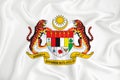 A developing white flag with the coat of arms of Malaysia. Country symbol. Illustration. Original and simple coat of arms in