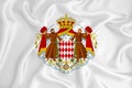 A developing white flag with the coat of arms of Monaco. Country symbol. Illustration. Original and simple coat of arms in