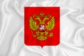 A developing white flag with the coat of arms of Russia. Country symbol. Illustration. Original and simple coat of arms in