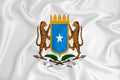 A developing white flag with the coat of arms of Somalia. Country symbol. Illustration. Original and simple coat of arms in