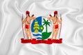 A developing white flag with the coat of arms of Suriname. Country symbol. Illustration. Original and simple coat of arms in