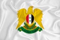 A developing white flag with the coat of arms of Syria. Country symbol. Illustration. Original and simple coat of arms in official