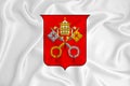 A developing white flag with the coat of arms of Vatican. Country symbol. Illustration. Original and simple coat of arms in