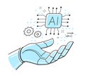 Humanoid robot hand and electronic computer processor. Artificial intelligence. Robotics concept