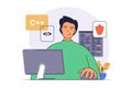 Development concept with cartoon people in flat design for web. Man developer programming and coding apps, using