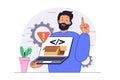 Development concept with cartoon people in flat design for web. Man getting warning message from security system