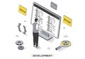 Development concept in 3d isometric outline design. Royalty Free Stock Photo