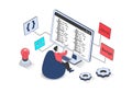 Development 3d isometric concept with isometry people design for web. Man working with programming code at computer Royalty Free Stock Photo