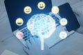 Development of emotional intelligence concept. Polygonal human brain and various human emotions: fear, surprise, joy, sadness,
