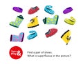 Development game of attention and concentration for children. Find same pair of shoes, identify superfluous shoes. Use Royalty Free Stock Photo