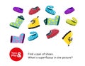 Development game of attention and concentration for children. Find same pair of shoes, identify superfluous shoes. Use Royalty Free Stock Photo