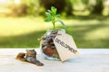 Development. Glass jar with coins and a plant in it, with a label on the jar and a few coins on a wooden table, natural