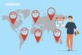 Development of global franchise network. World map with shops. Businessman or investor with new shop in hands. Franchise marketing Royalty Free Stock Photo