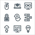 Development line icons. linear set. quality vector line set such as invention, coding, upload, css, chat box, lock, link, laptop Royalty Free Stock Photo