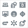 development line icons. linear set. quality vector line set such as layers, cloud network, u turn, target, optimization, analytics Royalty Free Stock Photo