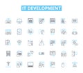 IT development linear icons set. Coding, Programming, Debugging, Testing, Deployment, Integration, Agile line vector and
