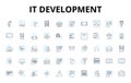 IT development linear icons set. Coding, Programming, Debugging, Testing, Deployment, Integration, Agile vector symbols